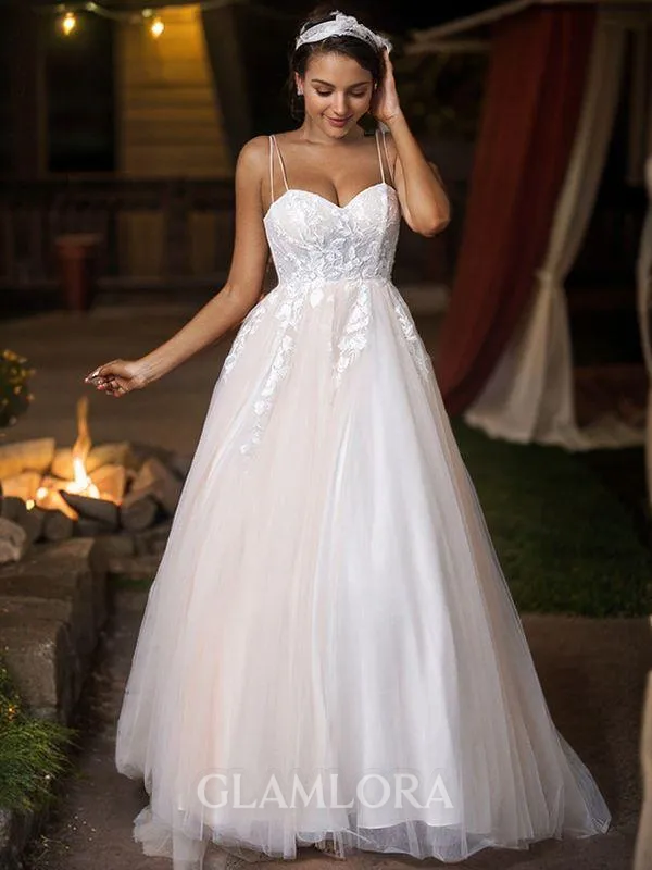 A-line Sweetheart Sleeveless Sweep Train Classic Tulle Wedding Dresses