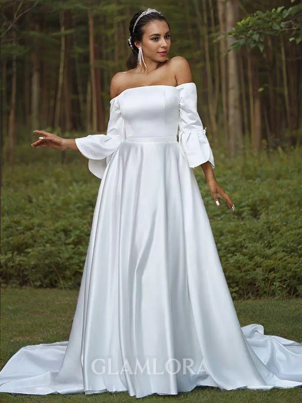 A-line Off-the-Shoulder 3/4 Sleeves Sweep Train Charmeuse Exquisite Wedding Dresses