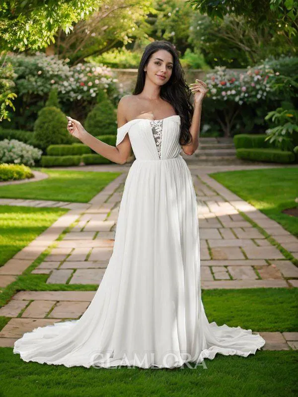 A-line Off-the-Shoulder Stylish Sleeveless Sweep Train Chiffon Wedding Dresses