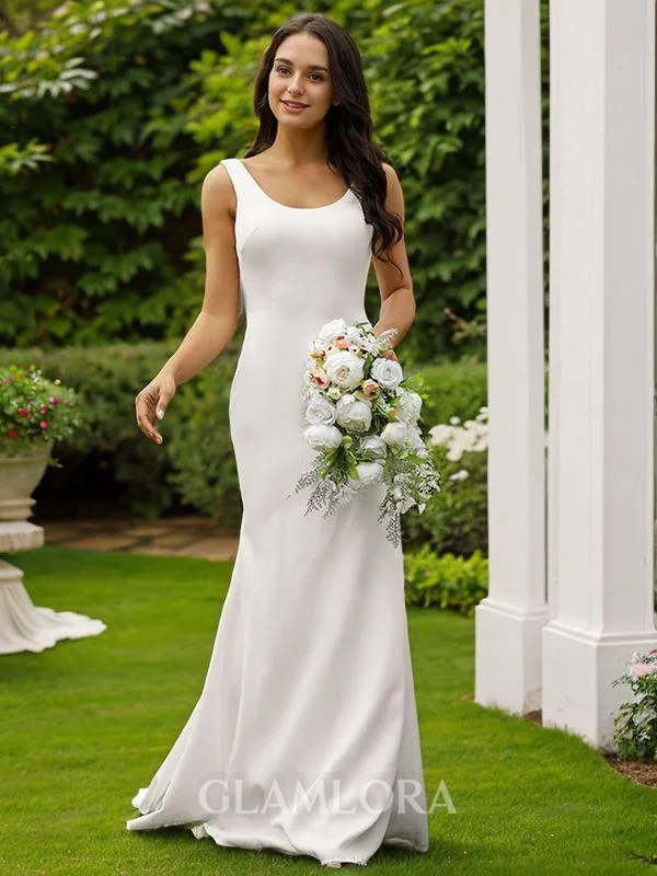 Sheath/Column Straps Show-stopping Sleeveless Sweep Train Open Back Stretch Crepe Wedding Dresses