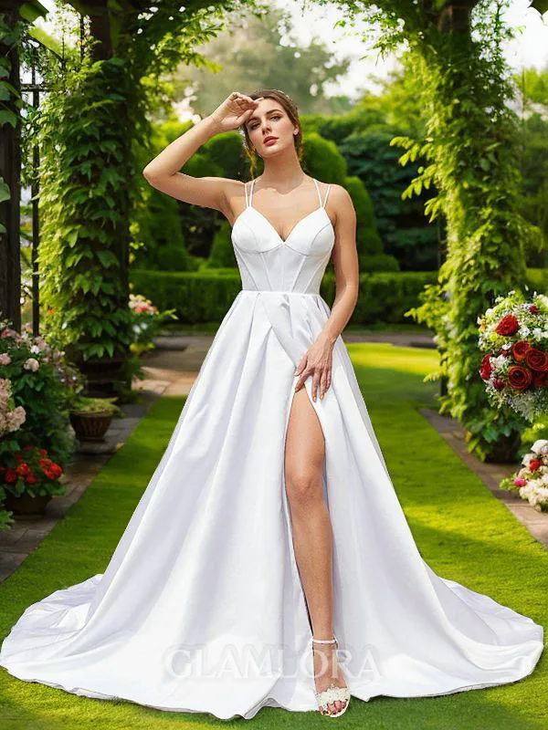 A-line V-Neck Delicate Sleeveless Court Train Satin Wedding Dresses