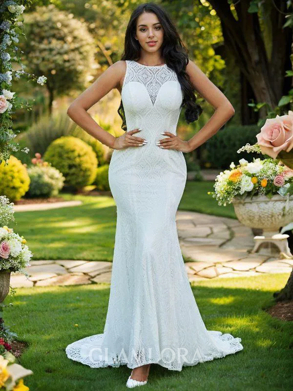 Trumpet/Mermaid Scoop Sleeveless Sweep Train Show-stopping Lace Wedding Dresses