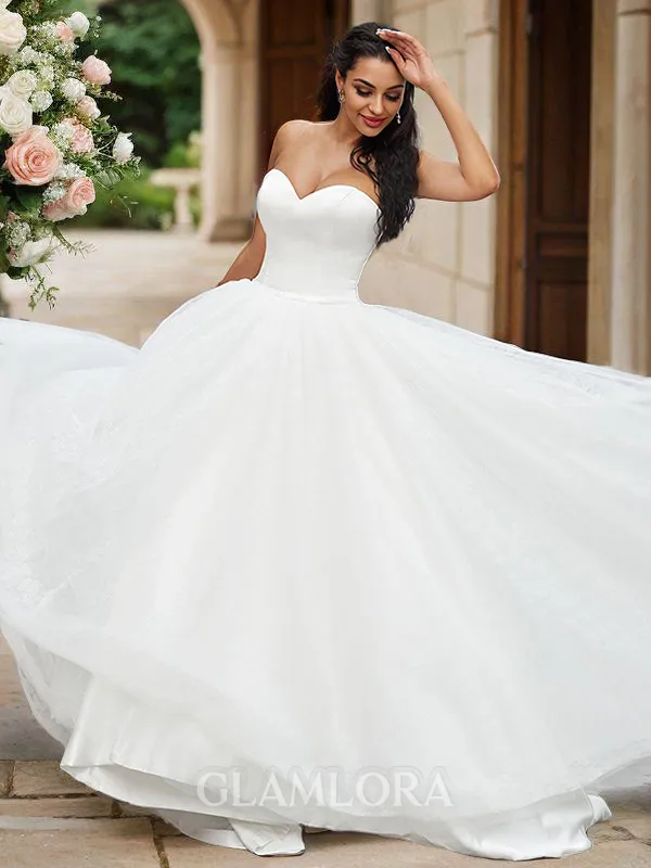 A-line Sweetheart Sleeveless Sweep Train Lace Trendy Wedding Dresses