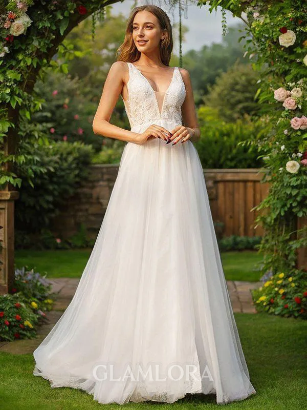 A-line V-Neck Sleeveless Elegant Sweep Train Open Back Tulle Wedding Dresses