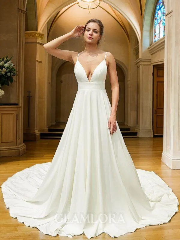 A-line V-Neck Unique Sleeveless Cathedral Train Stretch Crepe Wedding Dresses