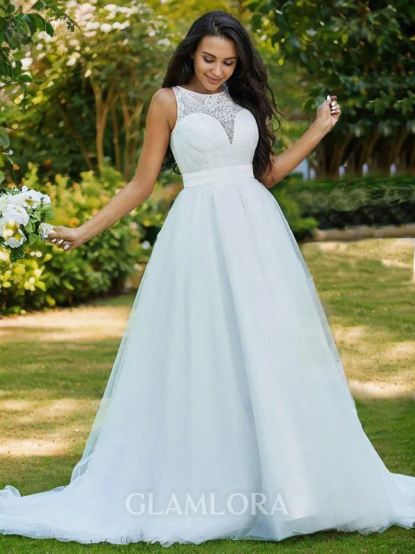 A-line Scoop Sleeveless Beautiful Sweep Train Tulle Wedding Dresses