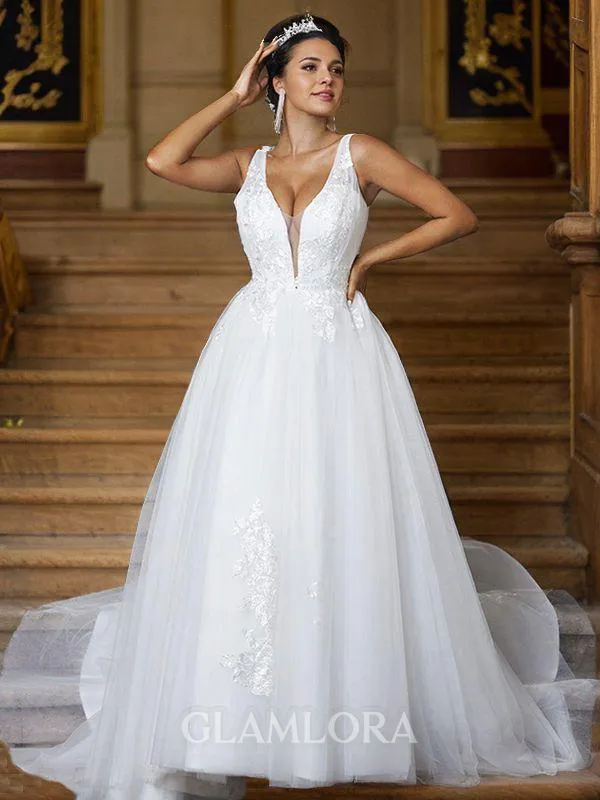 Modest A-line V-Neck Sleeveless Sweep Train Tulle Wedding Dresses