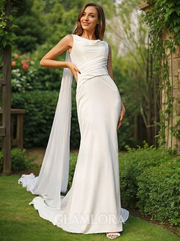 Sheath/Column Scoop Snug Sleeveless Sweep Train Silk like Satin Wedding Dresses