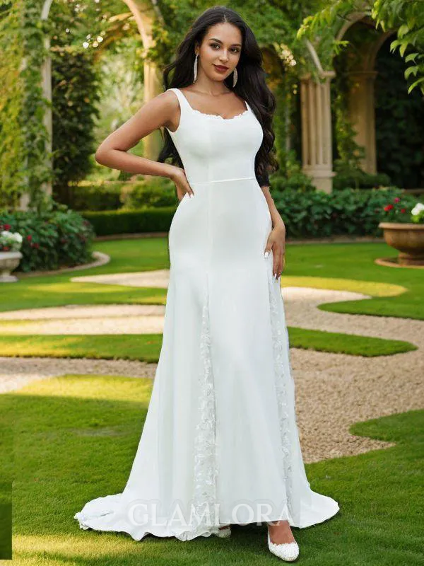 A-line Charming Straps Sleeveless Sweep Train Lace Wedding Dresses