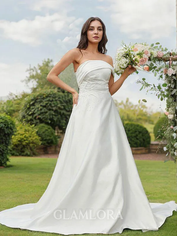 A-line Strapless Sleeveless Pretty Sweep Train Satin Wedding Dresses