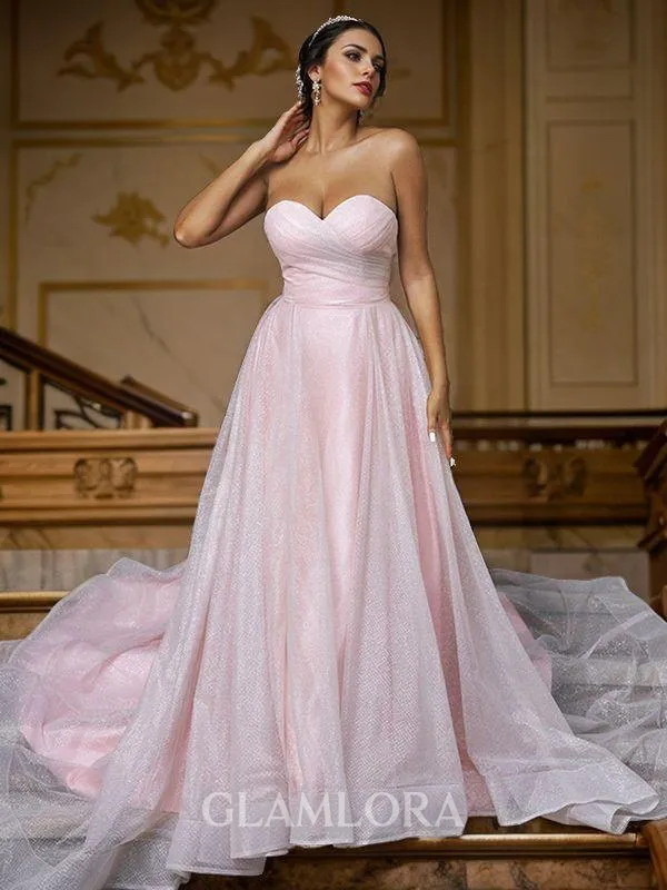 A-line Sweetheart Sleeveless Graceful Sweep Train Satin Wedding Dresses