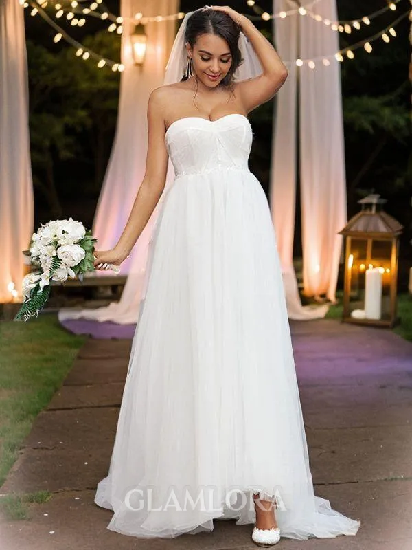 A-line Glam Sweetheart Sleeveless Sweep Train Tulle Wedding Dresses