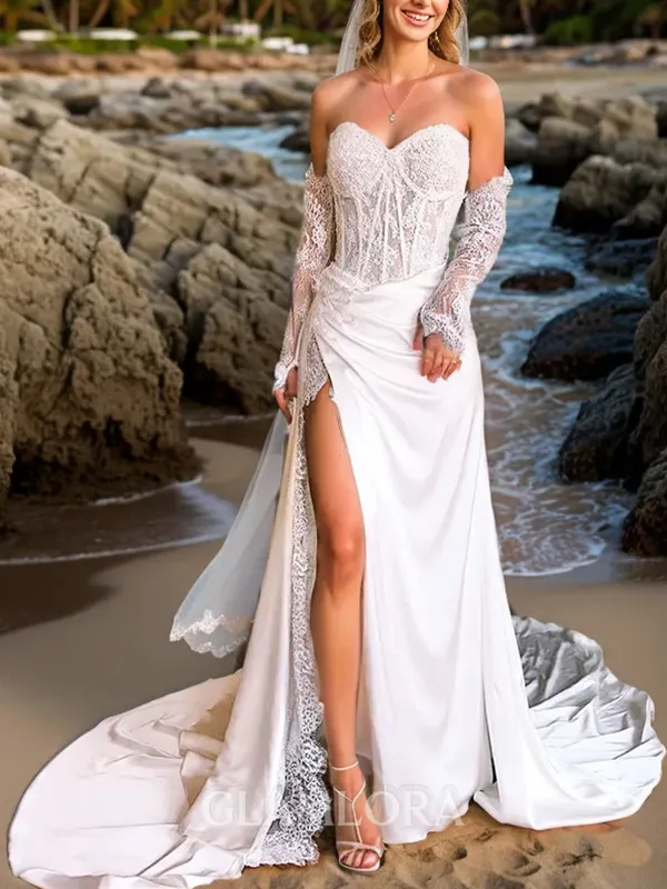Glam Sheath/Column Sweetheart Long Sleeves Silk like Satin Chapel Train Corset Wedding Dress With Slit