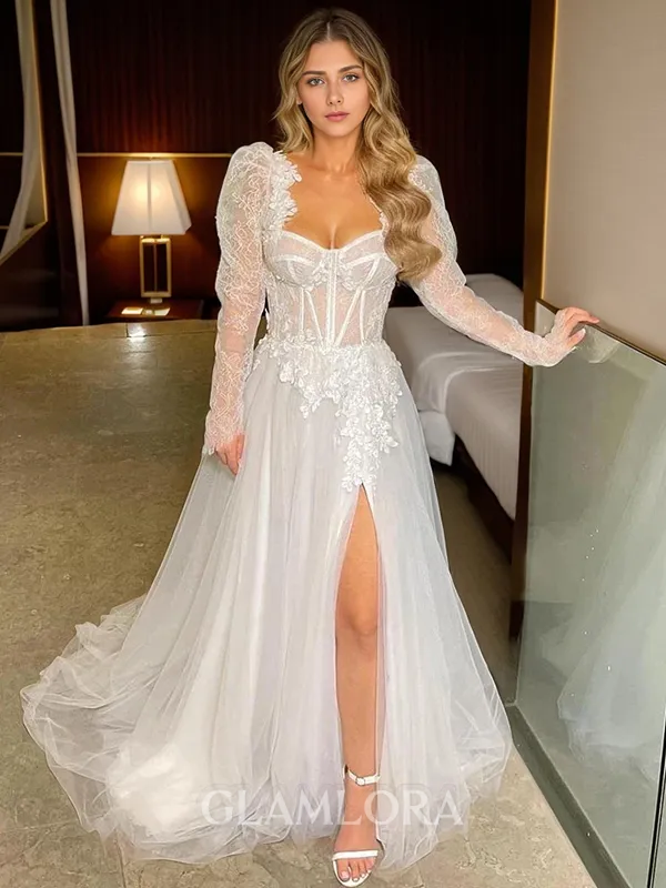 Pretty A-line Square Long Sleeves Tulle Sweep Train Corset Wedding Dress With Slit