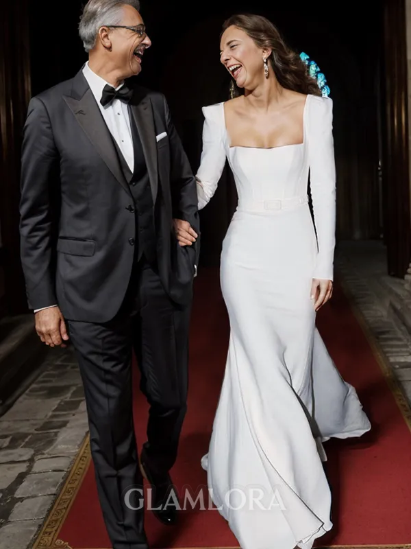 Sheath/Column Square Long Sleeves Stretch Crepe Sweep Train Delicate Corset Wedding Dress