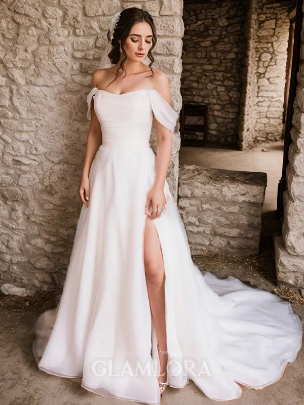 A-line Opulent Off-the-Shoulder Organza Chapel Train Wedding Dress With Slit