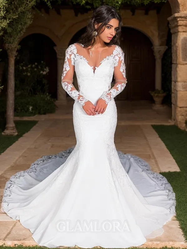 Trumpet/Mermaid Scoop Long Sleeves Stretch Crepe Exquisite Cathedral Train Wedding Dress With Appliques Lace