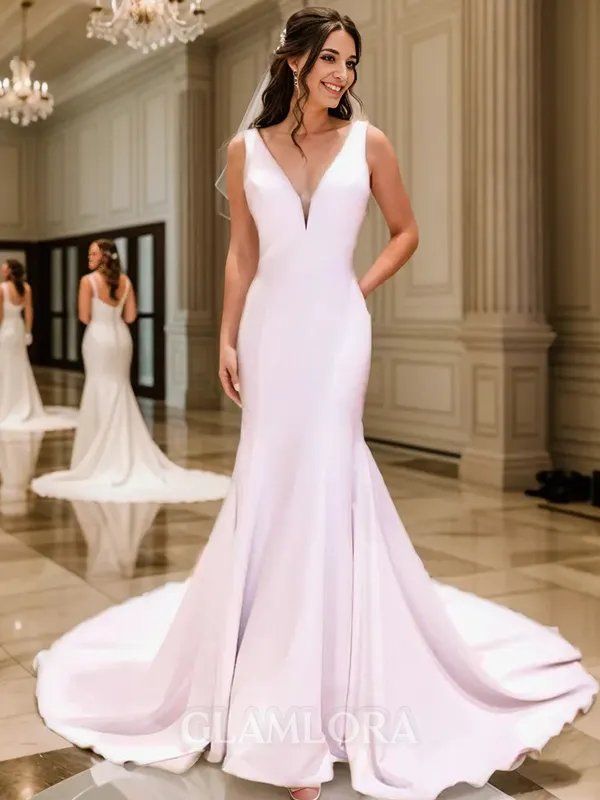 Stunning Sheath/Column V-Neck Stretch Crepe Chapel Train Wedding Dress