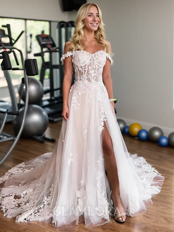 A-line Unique Off-the-Shoulder Tulle Chapel Train Corset Wedding Dress With Slit