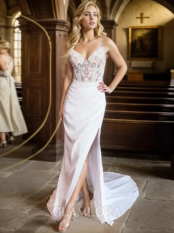 Classy Sheath/Column V-Neck Charmeuse Court Train Corset Wedding Dress With Slit