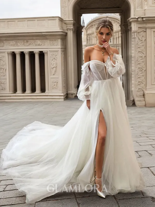 Convertible A-line Sweetheart Long Sleeves Tulle Chapel Train Corset Wedding Dress With Slit