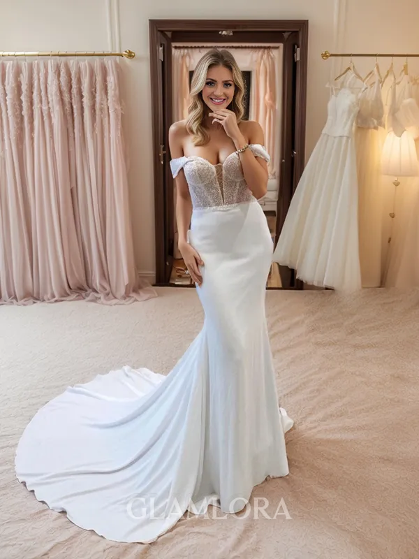 Glam A-line Off-the-Shoulder  Charmeuse Court Train Corset Wedding Dress