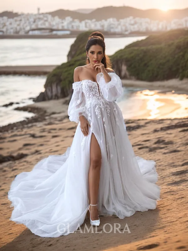A-line Pretty Off-the-Shoulder Long Sleeves Tulle Court Train Corset Wedding Dress With Slit