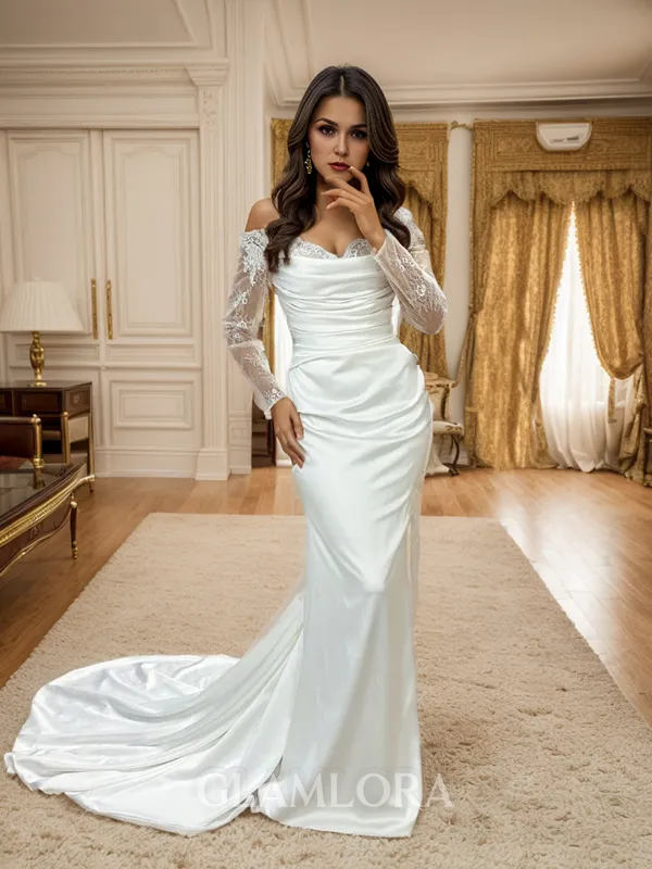 Sheath/Column Glamorous Off-the-Shoulder Long Sleeves Silk like Satin Court Train Wedding Dress