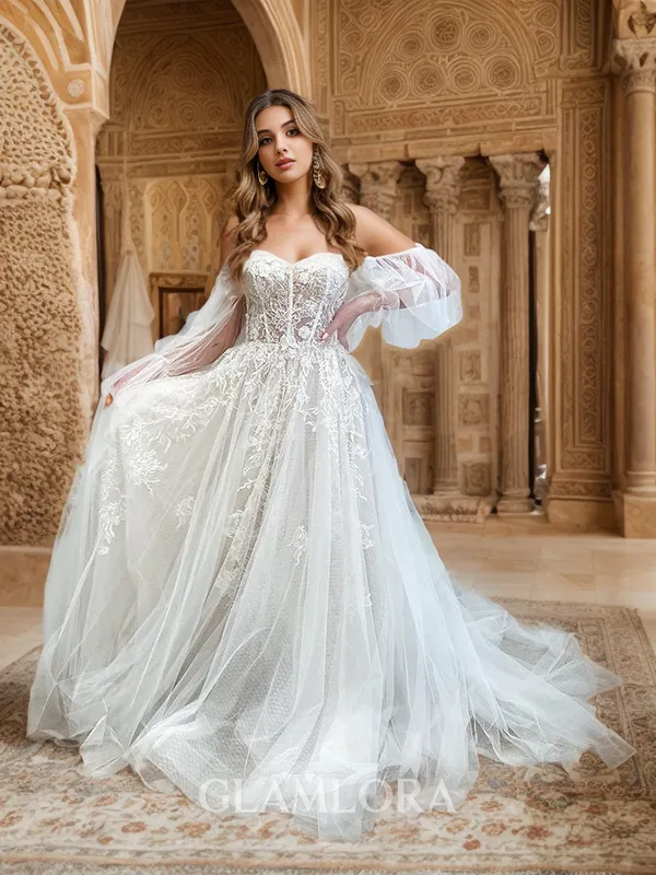 Convertible A-line Off-the-Shoulder Long Sleeves Tulle Chapel Train Corset Wedding Dress