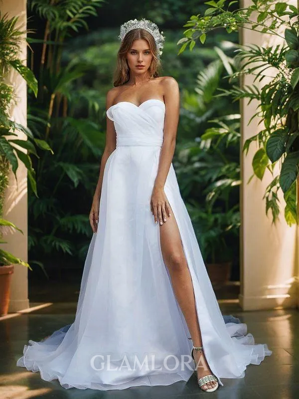 A-line Stunning Sweetheart Organza Cathedral Train Wedding Dress With Slit