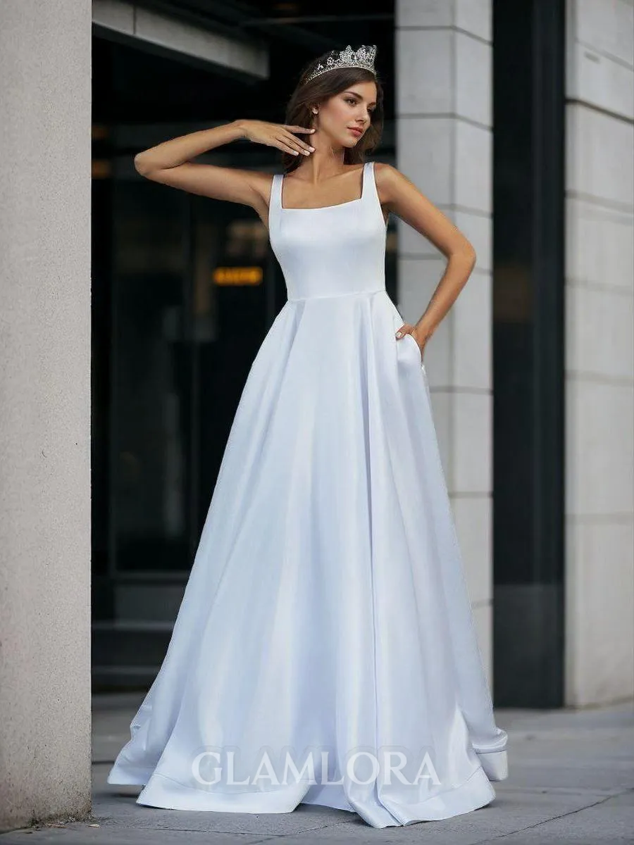Dreamy A-line Square Satin Court Train Wedding Dress With Pockets