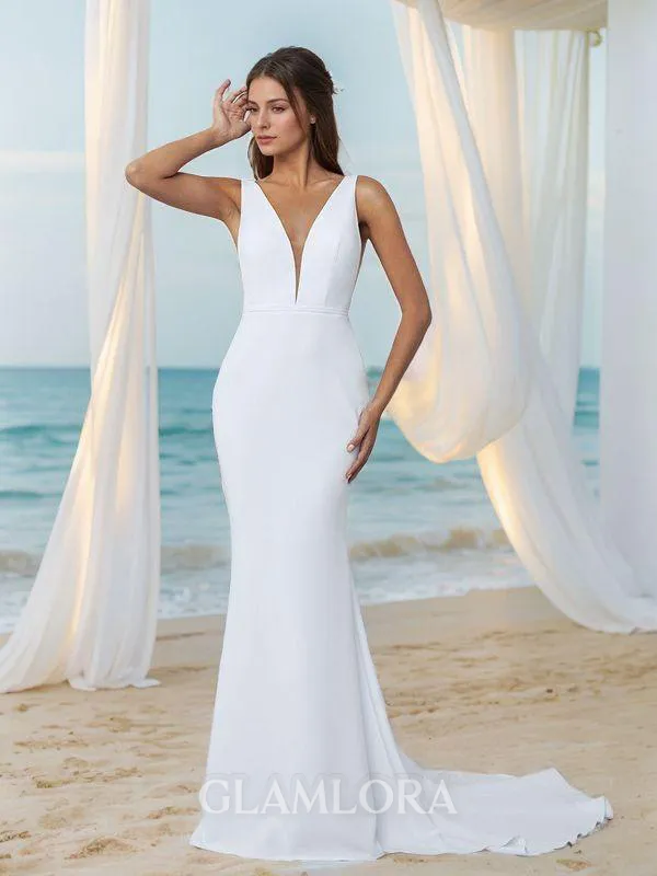 Sheath/Column Pretty V-neck Stretch Crepe Court Train Wedding Dress