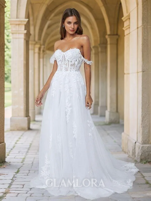 Exquisite A-line Off-the-Shoulder Tulle Cathedral Train Corset Wedding Dress With Slit