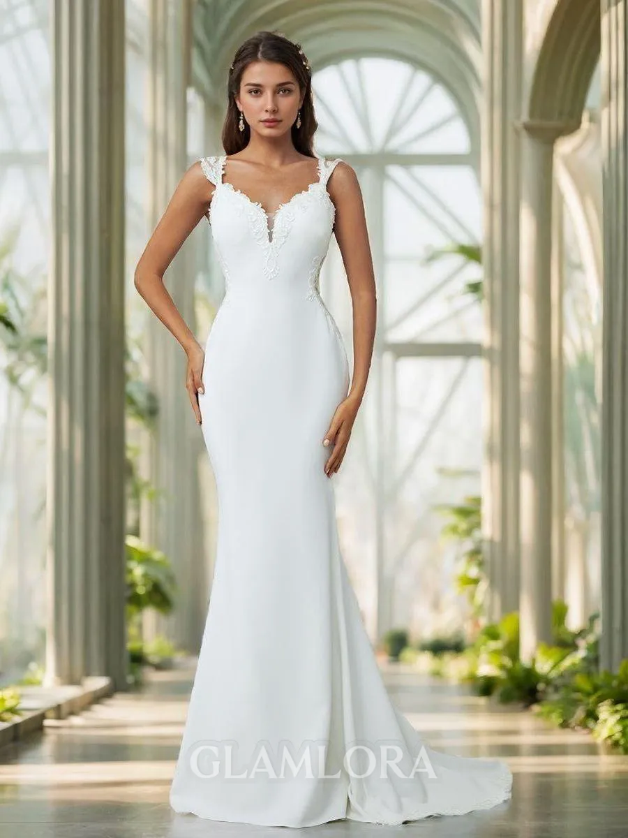 Sheath/Column Exquisite V-neck Stretch Crepe Chapel Train Wedding Dress With Appliques Lace