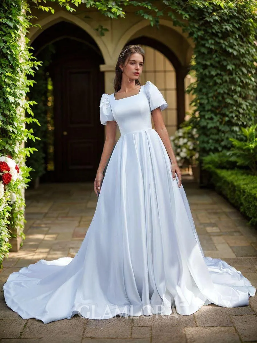 Gorgeous Ball Gown Square Short Sleeves Charmeuse Chapel Train Wedding Dress