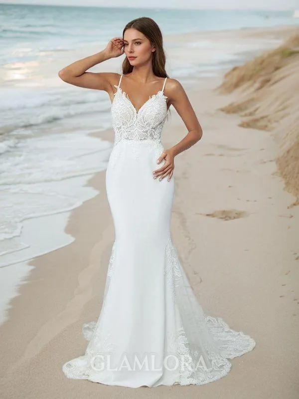 Sheath/Column Chic V-neck Stretch Crepe Cathedral Train Wedding Dress With Appliques Lace