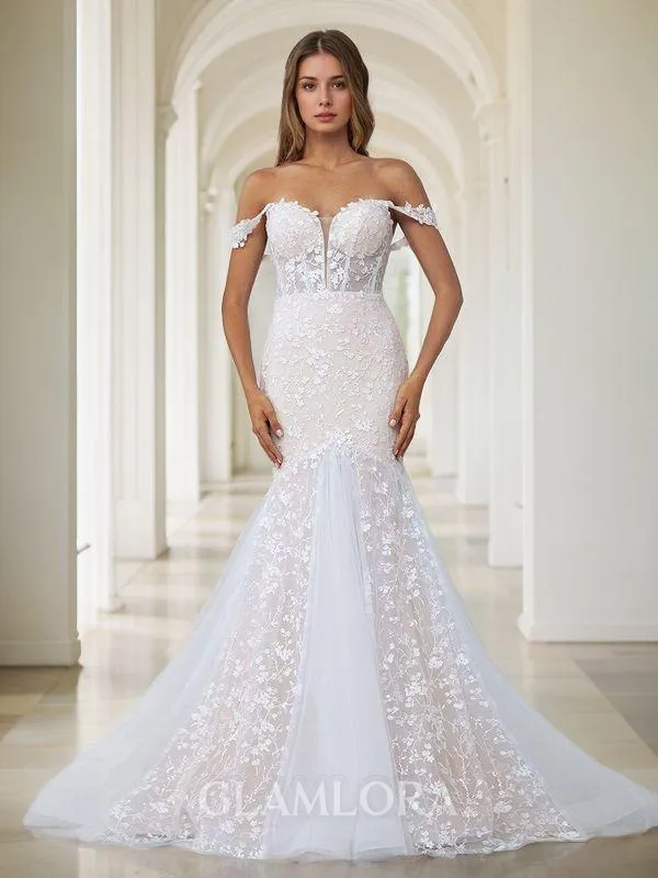 Trumpet/Mermaid Exquisite Off-the-Shoulder Tulle Cathedral Train Corset Wedding Dress With Appliques Lace