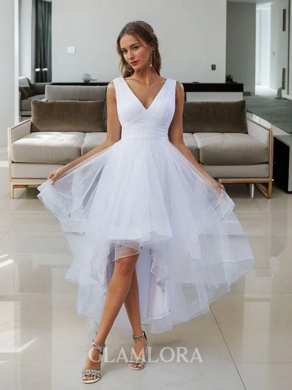 Princess A-line V-neck Asymmetrical Tulle Wedding Dress With Pleated