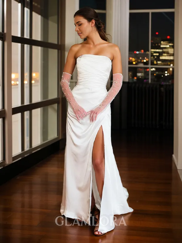 Glamorous Sheath/Column Straight Sweep Train Silk like Satin Wedding Dress With Slit