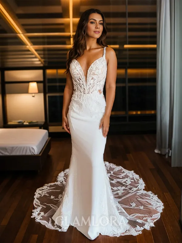 Sheath/Column Fashion V-neck Cathedral Train Stretch Crepe Wedding Dress With Appliques Lace