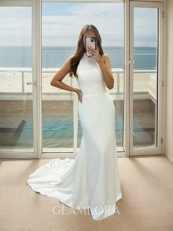 Sheath/Column Pretty Halter Court Train Stretch Crepe Wedding Dress