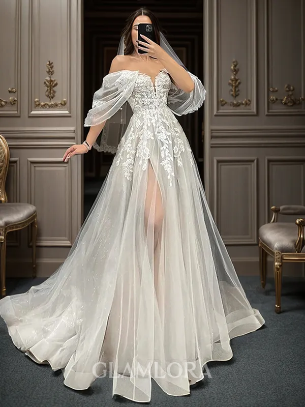 A-line Elegant Off-the-Shoulder Short Sleeves Sweep Train Tulle Wedding Dress With Appliques Lace