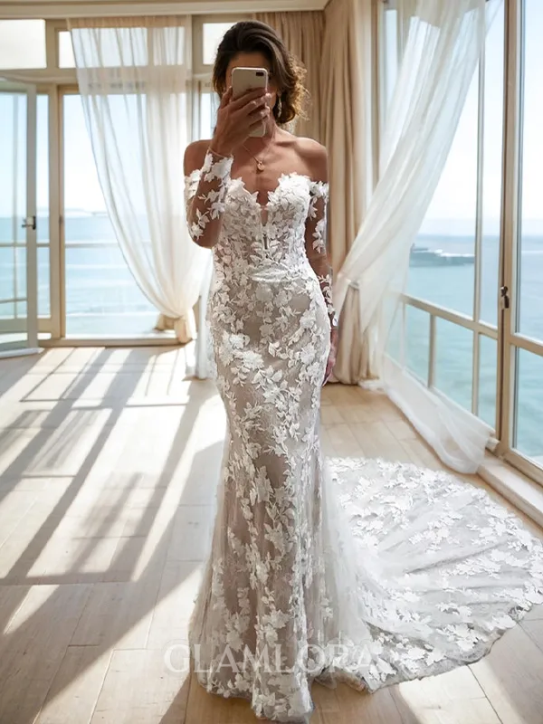 Sheath/Column Grand Off-the-Shoulder Long Sleeves Cathedral Train Lace Wedding Dress With Appliques Lace