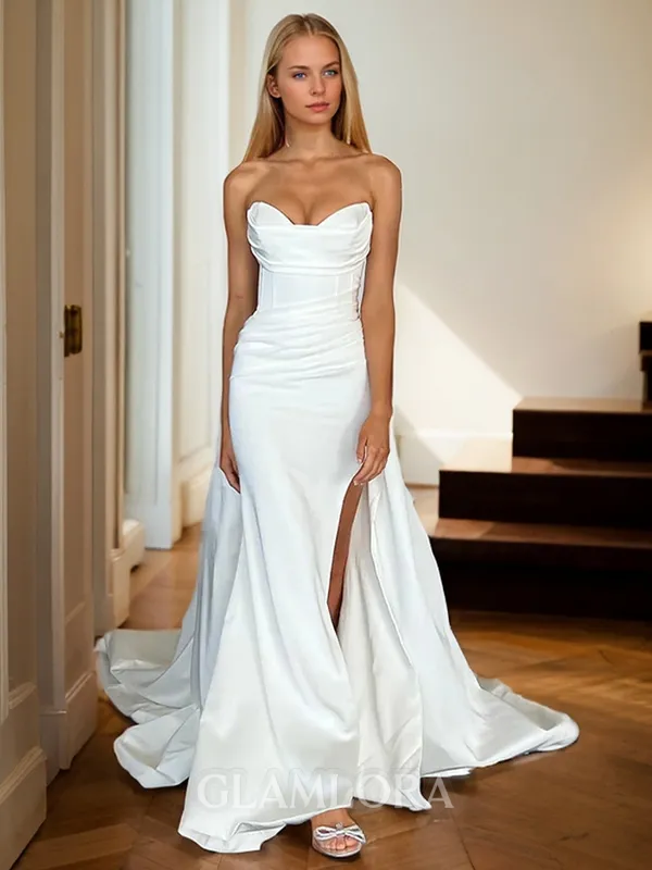 Fashion Sheath/Column Sweetheart Chapel Train Satin Corset Wedding Dress With Slit