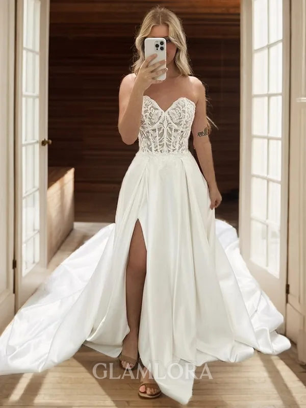 Graceful A-line Sweetheart Cathedral Train Satin Corset Wedding Dress With Slit