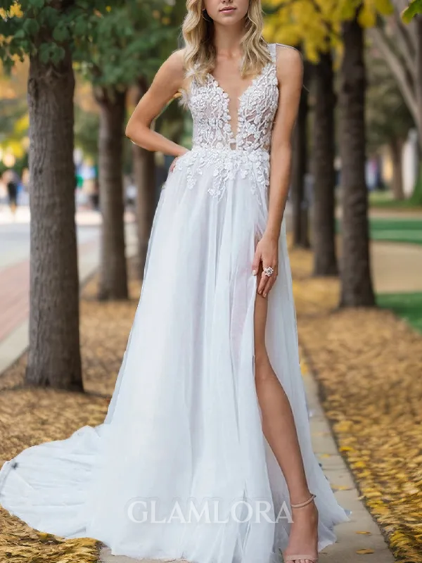 Exquisite A-line V-neck Cathedral Train Tulle Wedding Dress With Slit