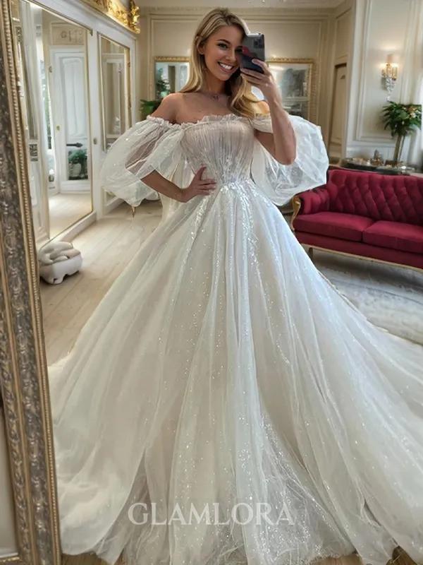 Opulent Ball-Gown Off-the-Shoulder Short Sleeves Cathedral Train Tulle Wedding Dress With Appliques Lace