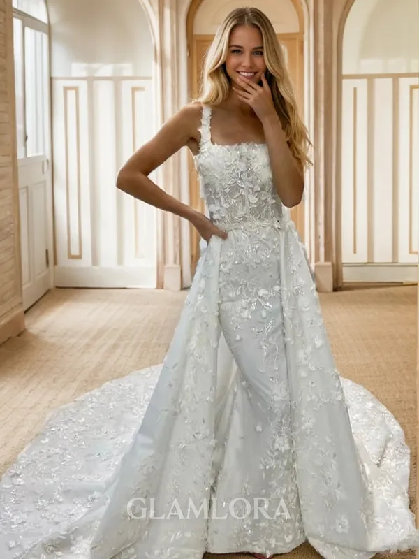 Sheath/Column Enchanting Square Cathedral Train Lace Wedding Dress With Detachable Train