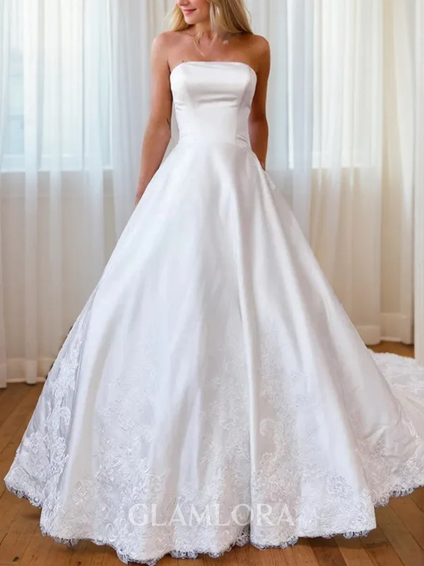 A-line Pretty Straight Cathedral Train Satin Wedding Dress With Pockets
