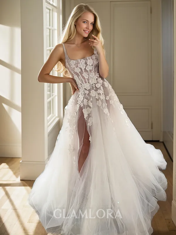 A-line Perfect Square Floor-Length Tulle Corset Wedding Dress With Slit
